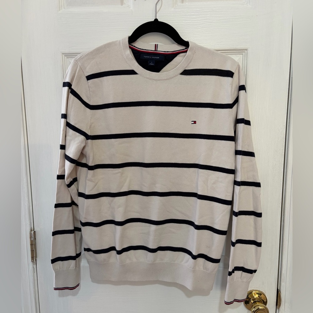 Tommy Hilfiger Men's Beige and Navy Striped Crewneck Sweater